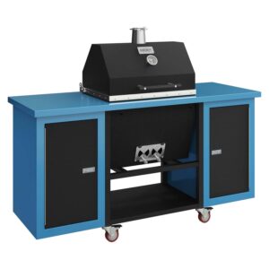 Sonic Rocket charcoal grill in tex black mounted on a light blue rolling cart with black cabinet doors and red caster wheels.