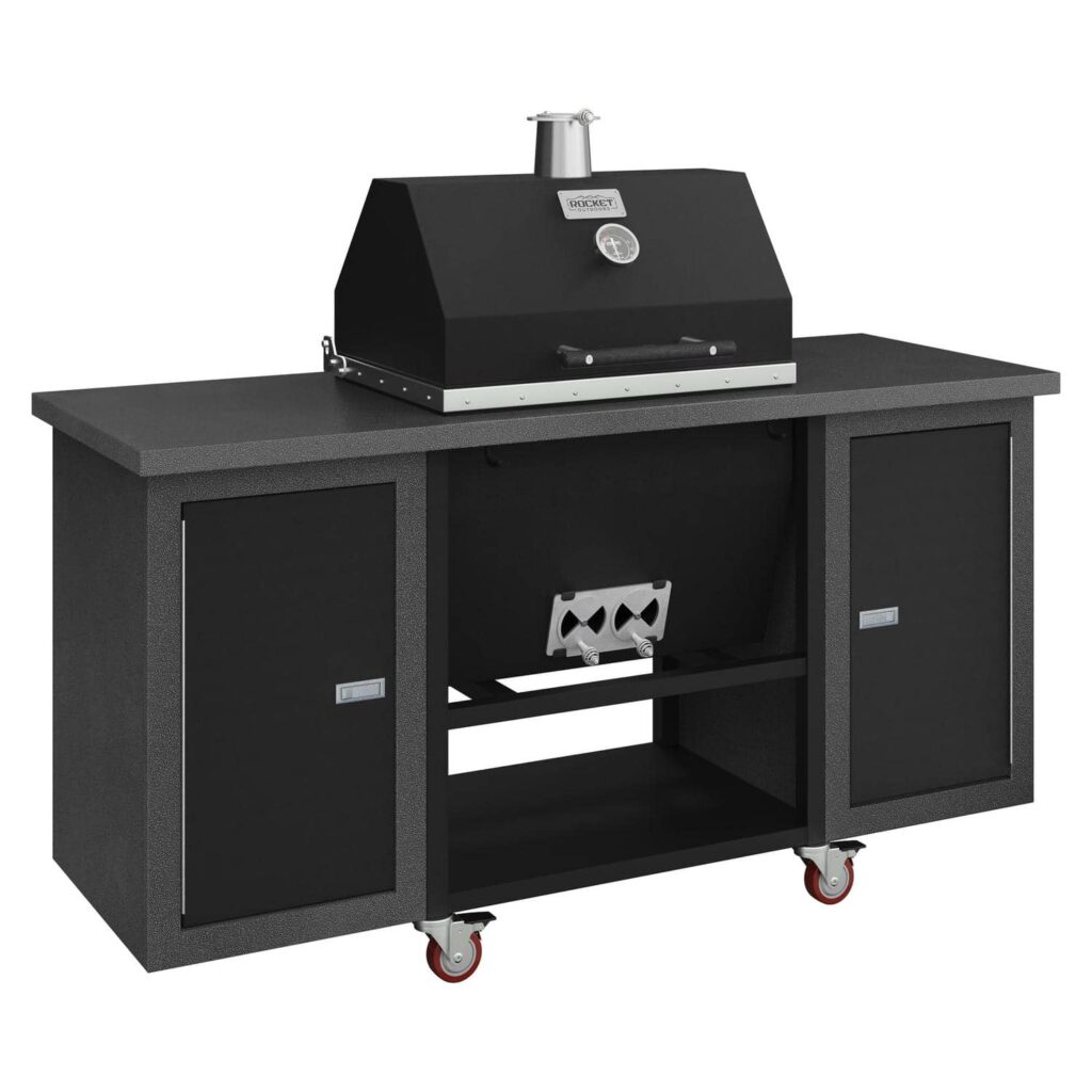 Sonic Rocket charcoal grill in tex black sits atop a silvervein textured cart with black cabinet doors and red caster wheels.
