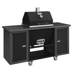 Sonic Rocket charcoal grill in tex black sits atop a silvervein textured cart with black cabinet doors and red caster wheels.