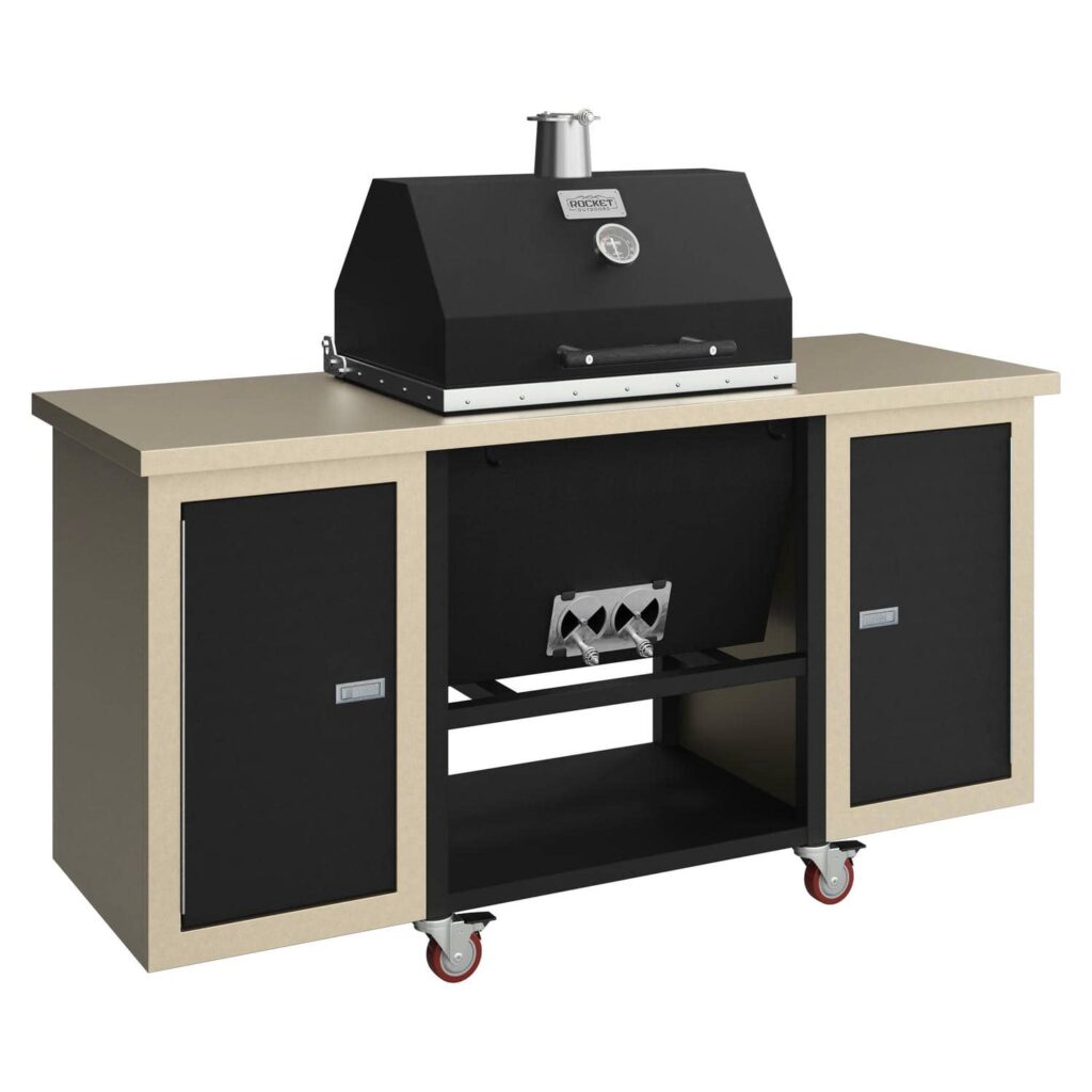 Sonic Rocket charcoal grill in tex black on a speckled pearl beige rolling cart with black cabinet doors and red caster wheels.