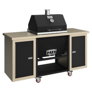 Sonic Rocket charcoal grill in tex black on a speckled pearl beige rolling cart with black cabinet doors and red caster wheels.