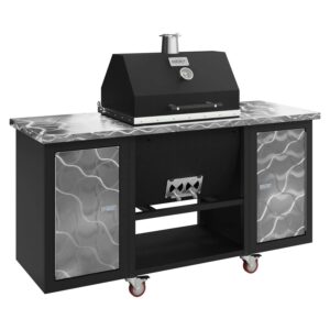 Sonic Rocket charcoal grill in tex black on a swirled stainless steel cart with patterned cabinet doors and red caster wheels.