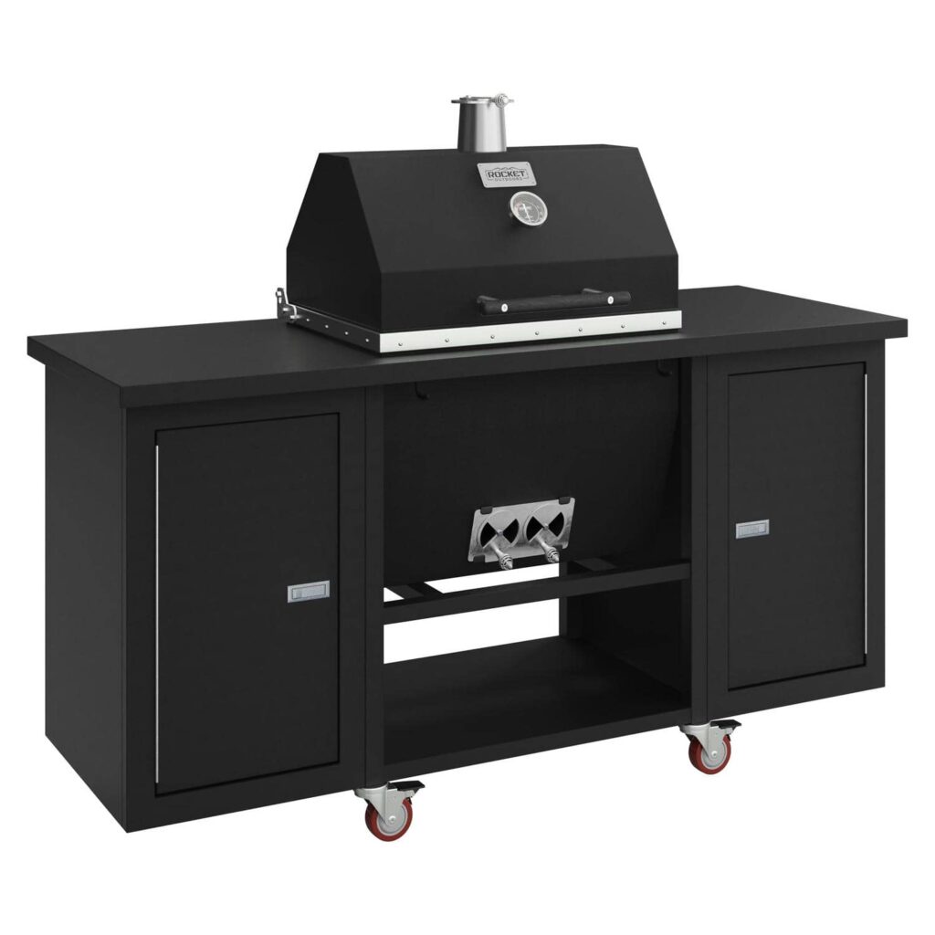 Sonic Rocket charcoal grill in tex black on a matching all-black rolling cart with cabinet doors and red caster wheels.