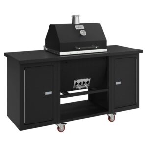 Sonic Rocket charcoal grill in tex black on a matching all-black rolling cart with cabinet doors and red caster wheels.