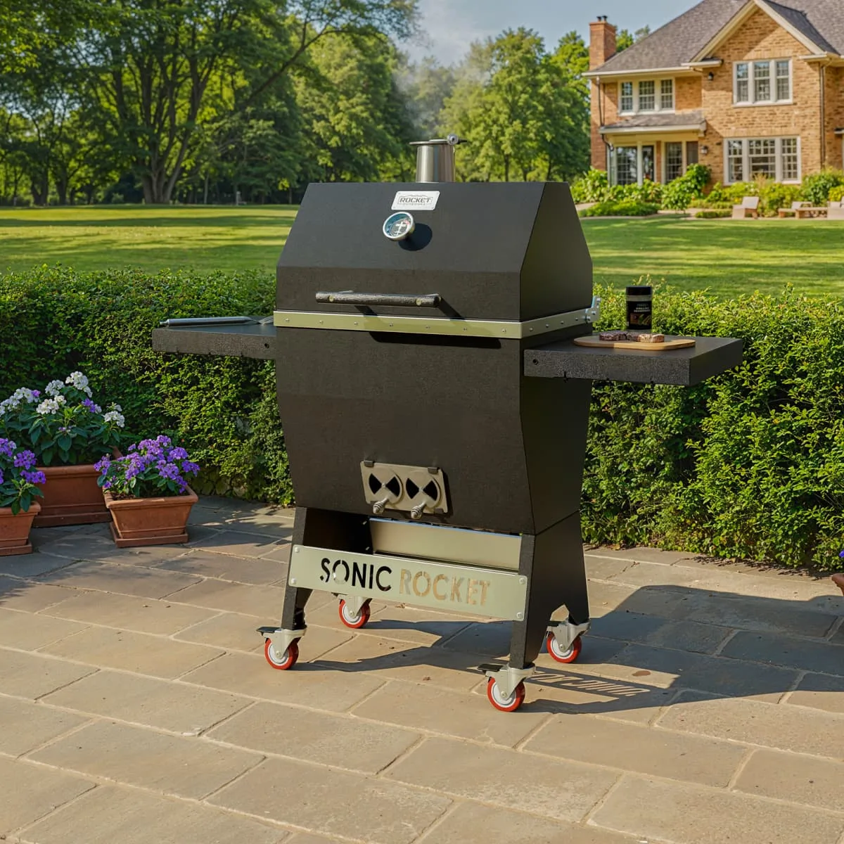 Sonic Rocket Charcoal Grill On Backyard Paver Patio