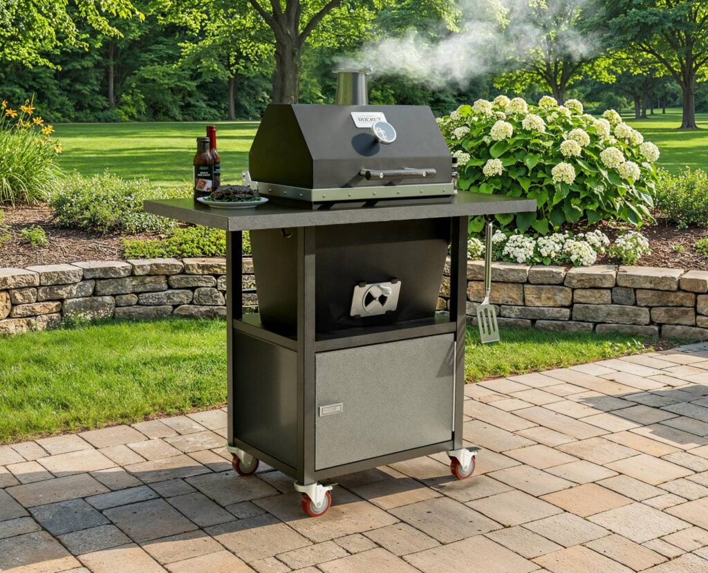 Sonic Rocket small cabinet charcoal smoker venting smoke on a stone paver patio beside white hydrangeas in a landscaped backyard.