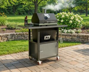 Sonic Rocket small cabinet charcoal smoker venting smoke on a stone paver patio beside white hydrangeas in a landscaped backyard.