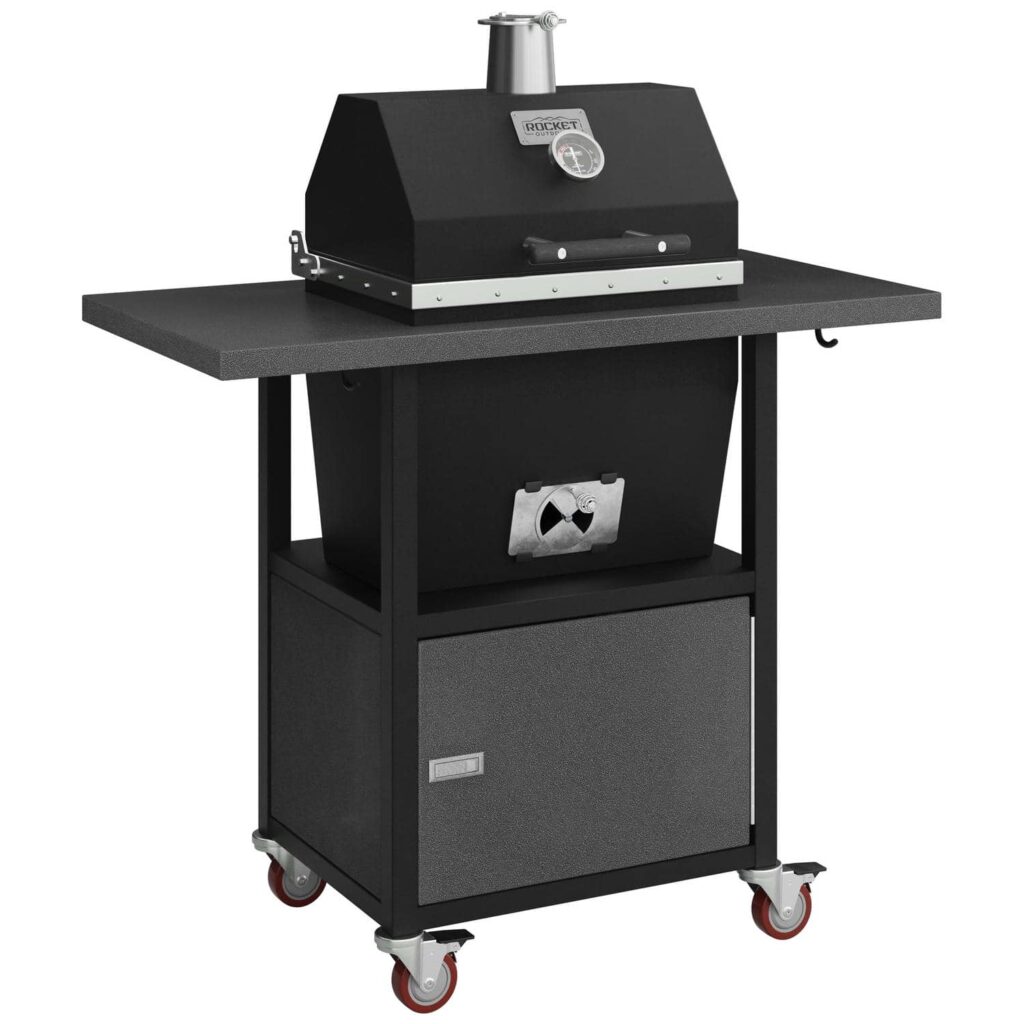 Sonic Rocket small cabinet charcoal smoker by Rocket Outdoors with silvervein textured side shelf and lower storage door on locking caster wheels.