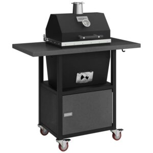 Sonic Rocket small cabinet charcoal smoker by Rocket Outdoors with silvervein textured side shelf and lower storage door on locking caster wheels.
