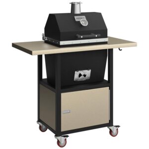 Sonic Rocket small cabinet charcoal smoker by Rocket Outdoors with speckled pearl side shelf and lower storage door on locking caster wheels.
