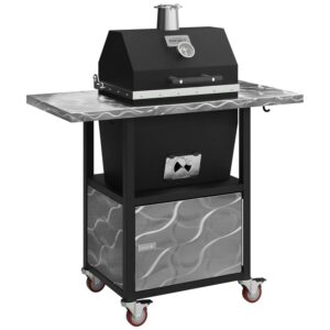 Sonic Rocket small cabinet charcoal smoker by Rocket Outdoors with swirled stainless steel side shelf and storage door on a textured black cart.