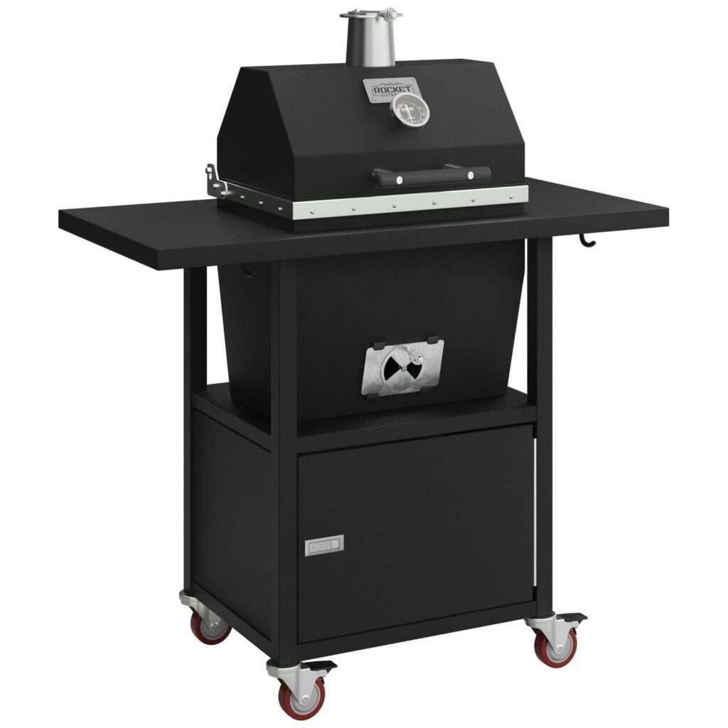 Sonic Rocket small cabinet charcoal smoker by Rocket Outdoors in all-black textured finish with side shelf, lower storage door, and locking caster wheels.