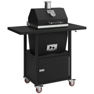 Sonic Rocket small cabinet charcoal smoker by Rocket Outdoors in all-black textured finish with side shelf, lower storage door, and locking caster wheels.