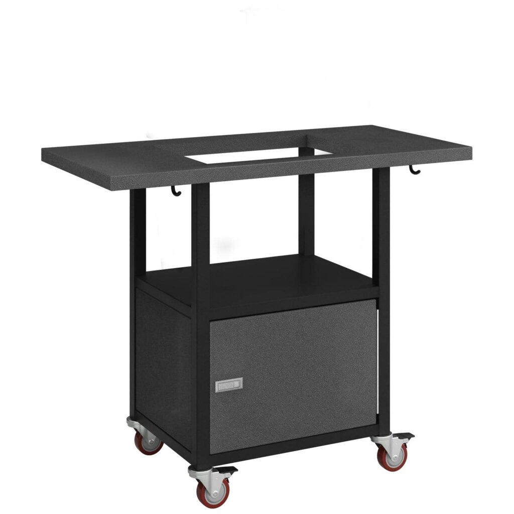 Standalone Sonic Rocket small cabinet cart in silvervein finish with side-shelf cutout, lower utility shelf, and locking caster wheels.